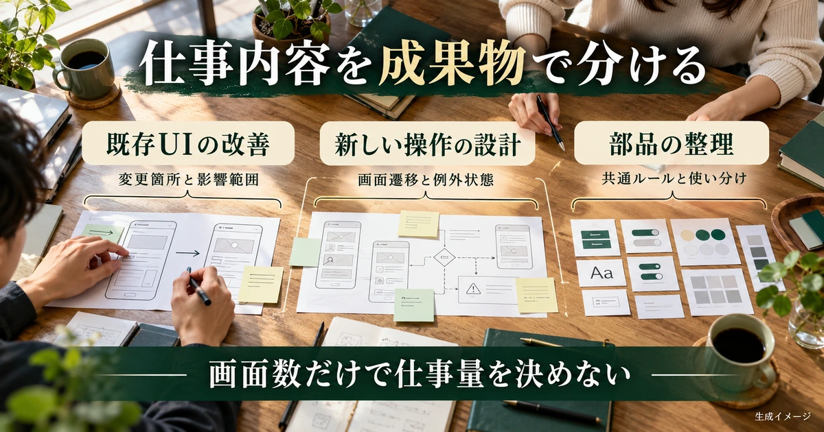 既存UIの改善、新しい操作の設計、部品の整理を成果物で分ける生成イメージ