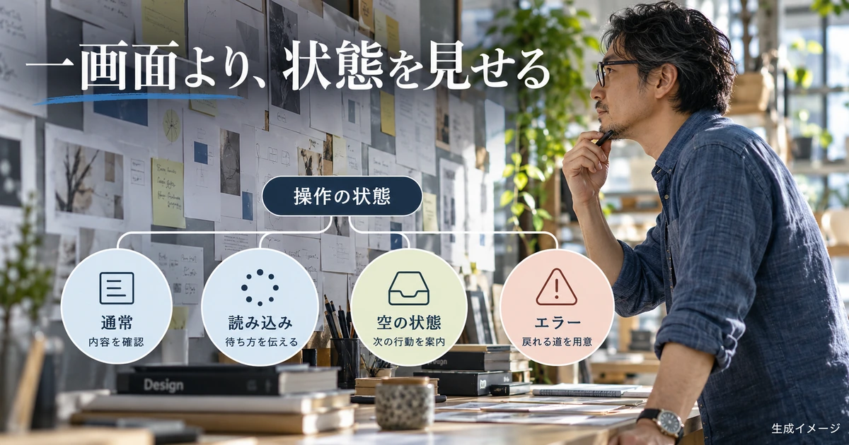 通常、読み込み、空の状態、エラーを分けてUIを検討する生成イメージ