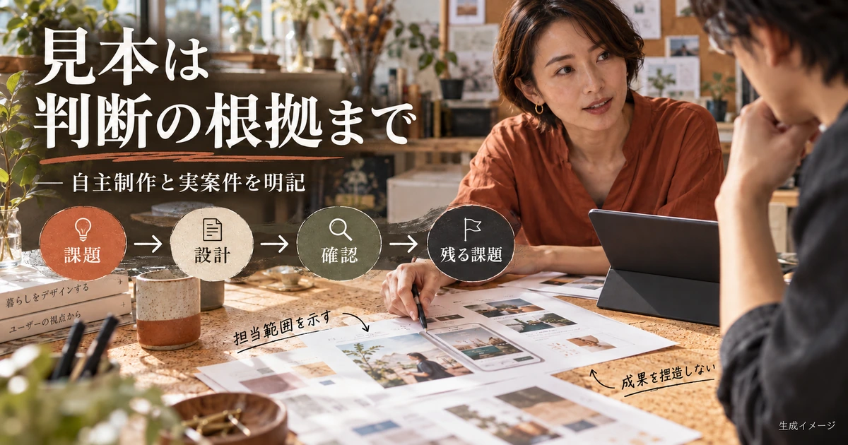課題、設計、確認、残る課題を見本で説明する生成イメージ