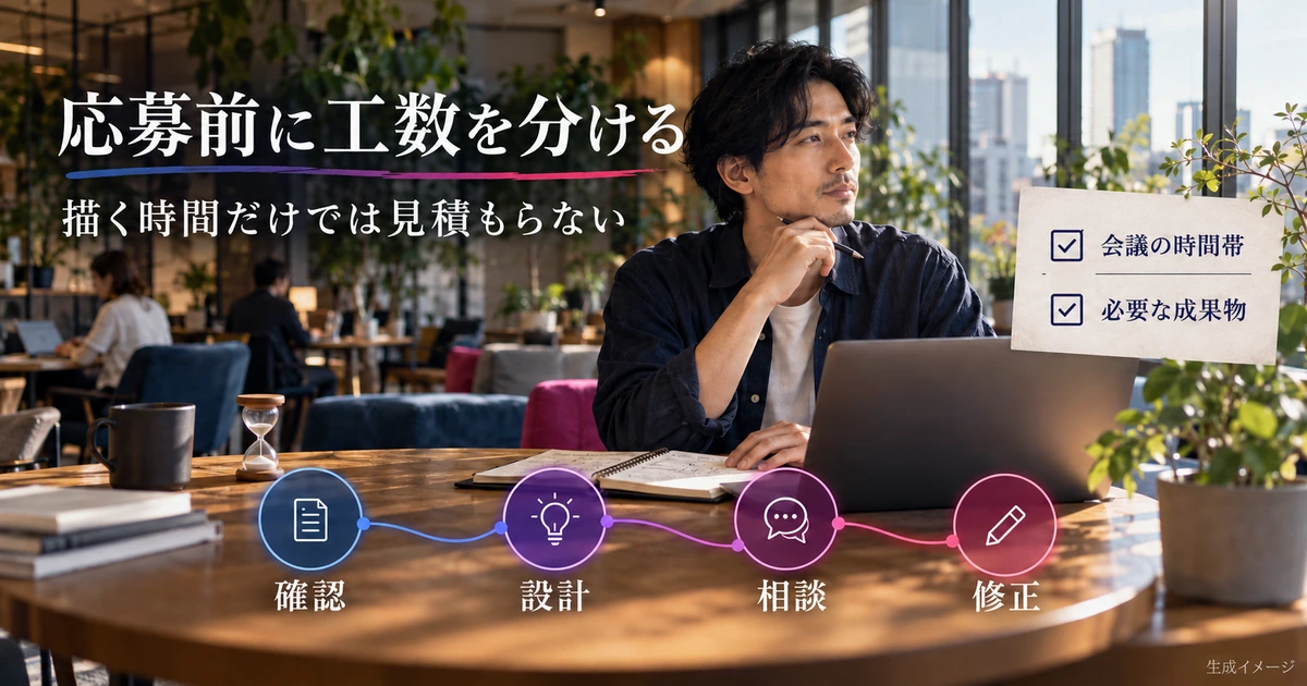 確認、設計、相談、修正を分けてUI制作の工数を見込む生成イメージ
