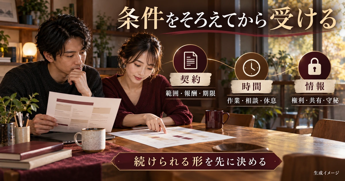 契約、時間、情報管理の条件をそろえてUIの副業を受ける生成イメージ