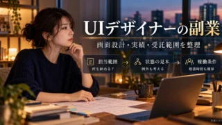 UIデザイナーの副業で担当範囲、状態の見本、稼働条件を整理する生成イメージ