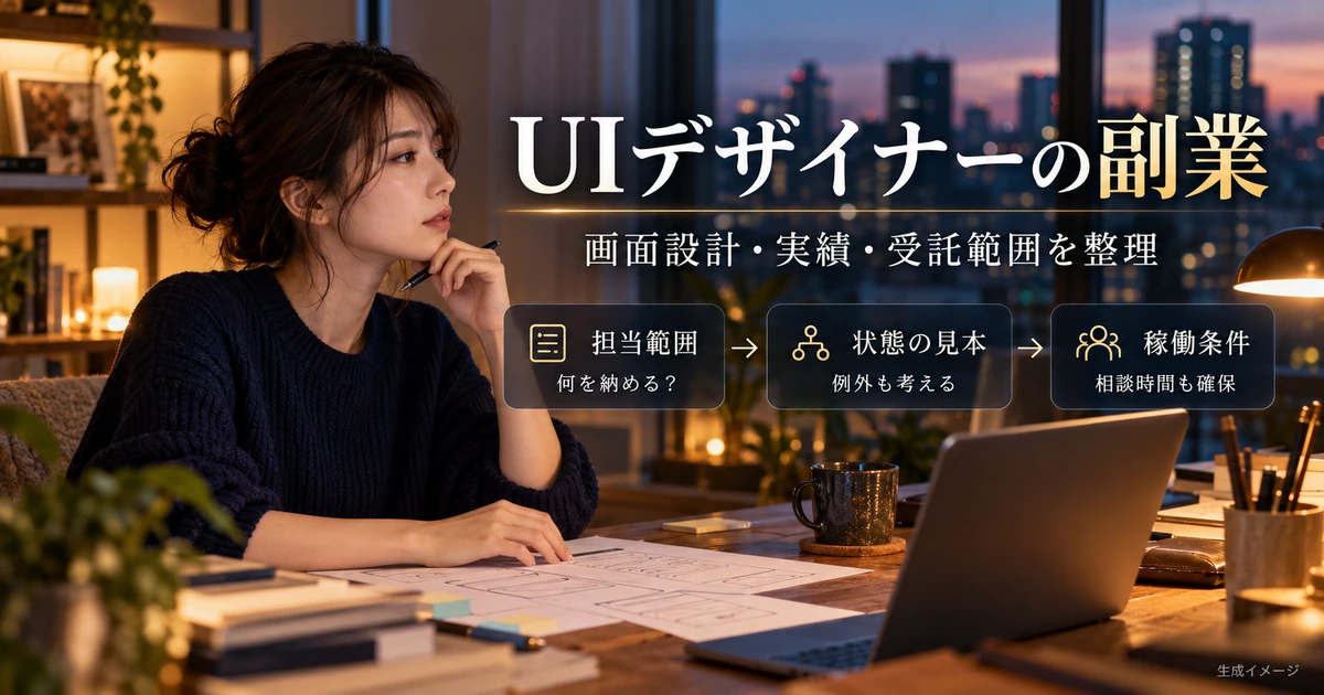 UIデザイナーの副業で担当範囲、状態の見本、稼働条件を整理する生成イメージ