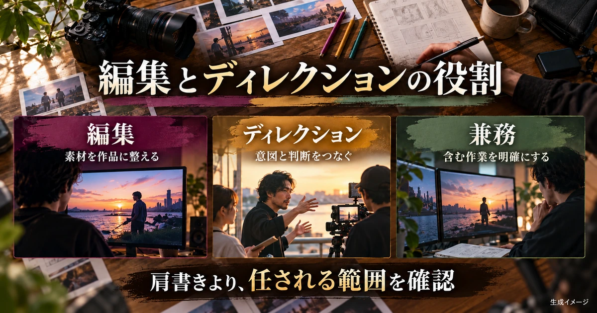 編集、ディレクション、兼務の役割と担当範囲を比較する生成イメージ