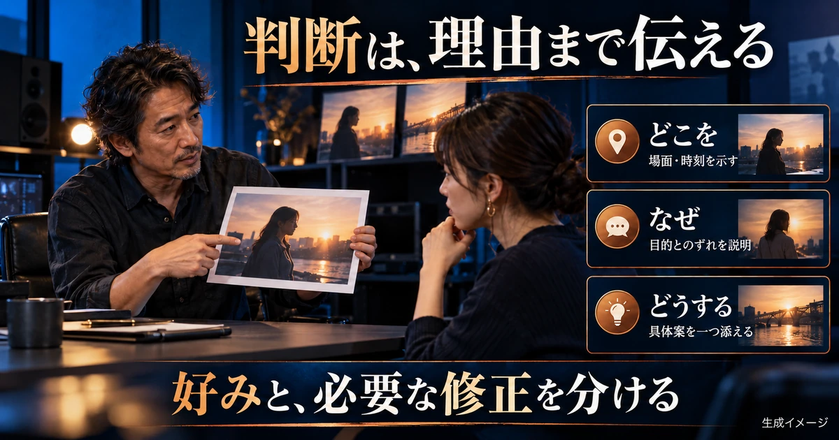動画の修正案を場所、理由、具体案で伝える考え方の生成イメージ