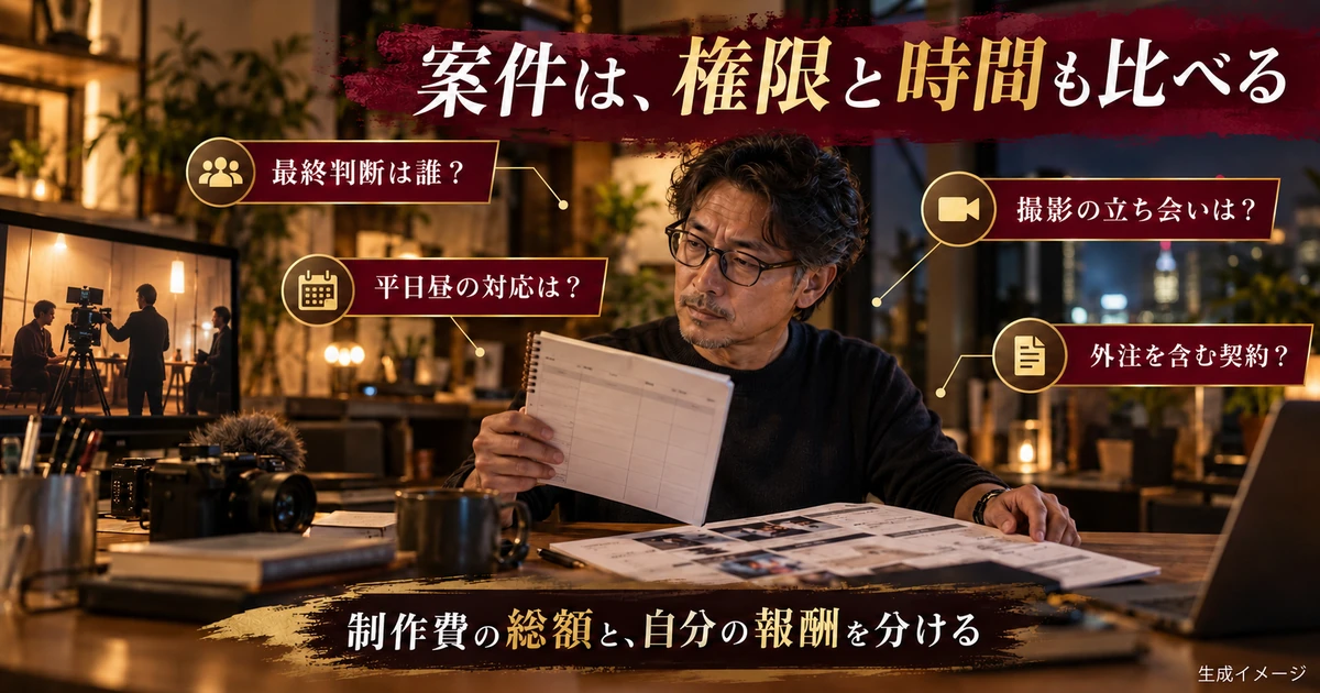 動画ディレクター案件の判断者、平日対応、撮影立会い、外注を確認する生成イメージ