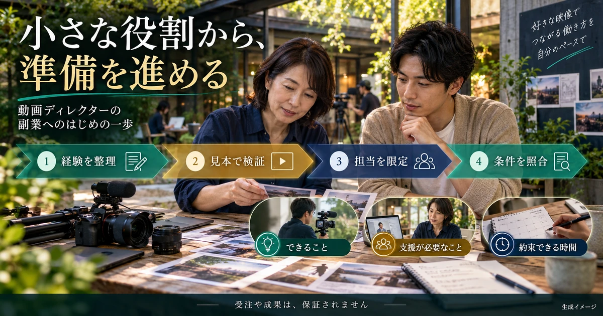 経験整理から見本の検証、担当の限定、条件照合へ進む生成イメージ