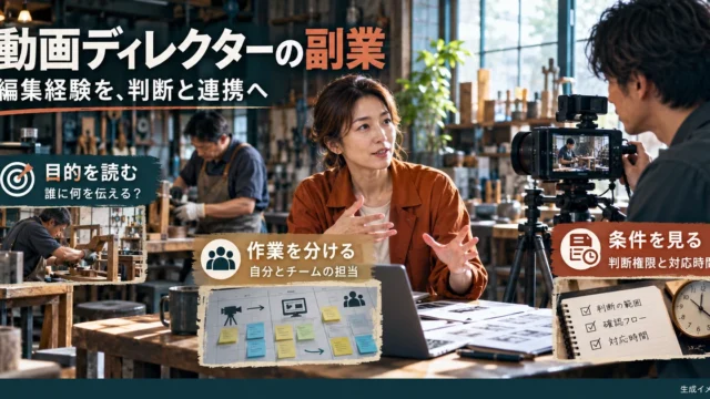 動画ディレクターの副業に向けて目的、担当、判断権限と時間を確認する生成イメージ