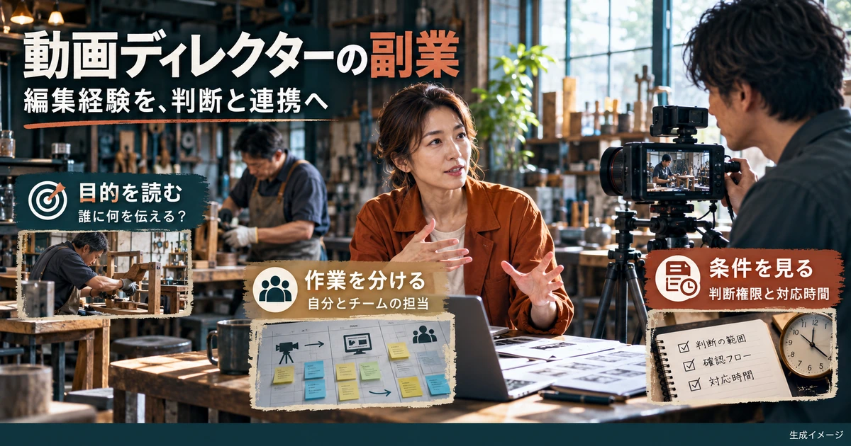 動画ディレクターの副業に向けて目的、担当、判断権限と時間を確認する生成イメージ