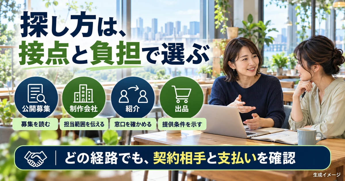 探し方は、接点と負担で選ぶ(公開募集・制作会社・紹介・出品)の説明用生成画像