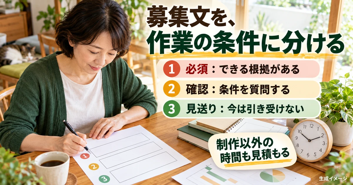 募集文を、作業の条件に分ける(必須・確認・見送り)の説明用生成画像