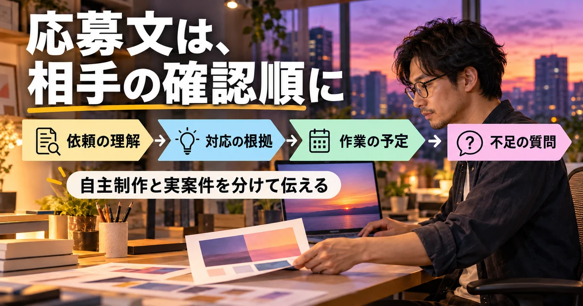 応募文は、相手の確認順に(理解・根拠・予定・質問)の説明用生成画像