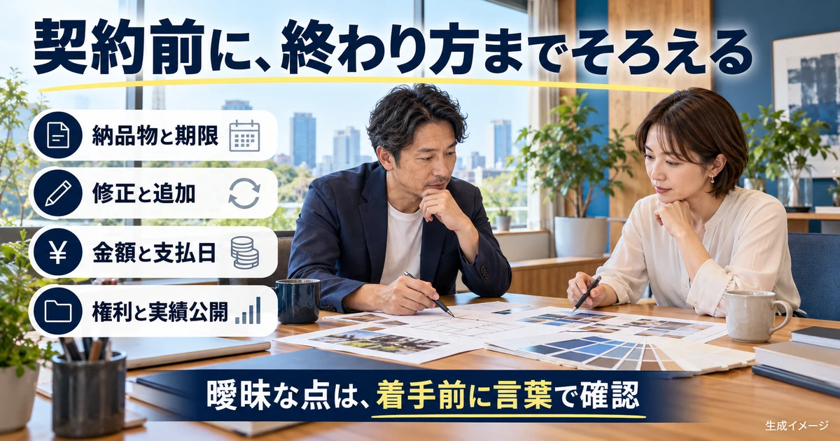 契約前に、終わり方までそろえる(納品・修正・支払・権利)の説明用生成画像