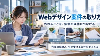 Webデザイン案件の取り方（対応範囲・応募経路・初回契約）の説明用生成画像