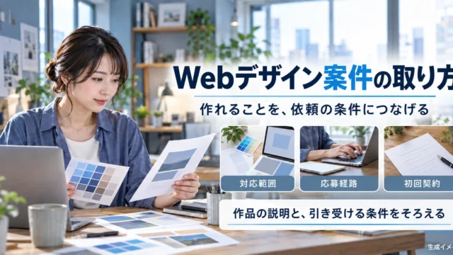 Webデザイン案件の取り方（対応範囲・応募経路・初回契約）の説明用生成画像