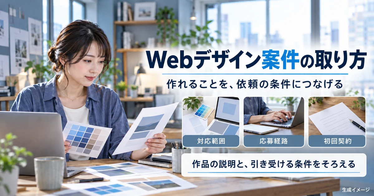 Webデザイン案件の取り方（対応範囲・応募経路・初回契約）の説明用生成画像