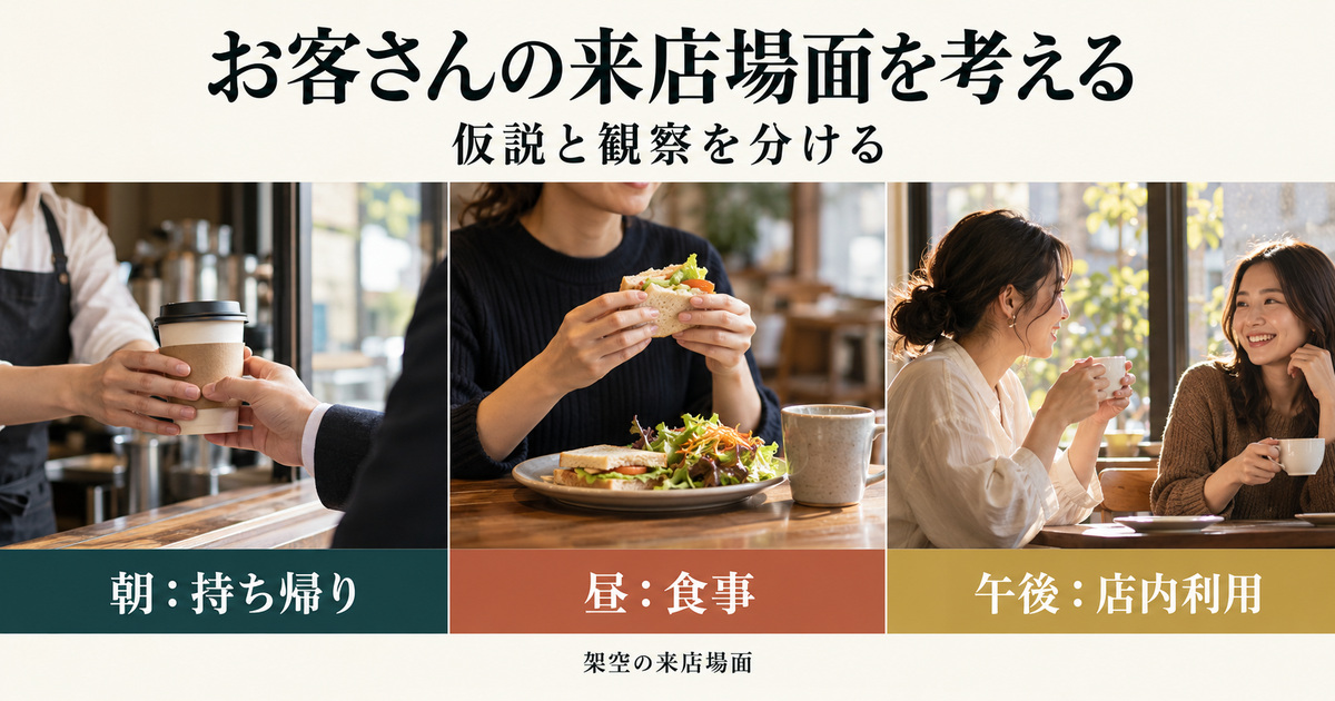 朝の持ち帰り・昼の食事・午後の店内利用を来店仮説として比較する架空の写真調イメージ