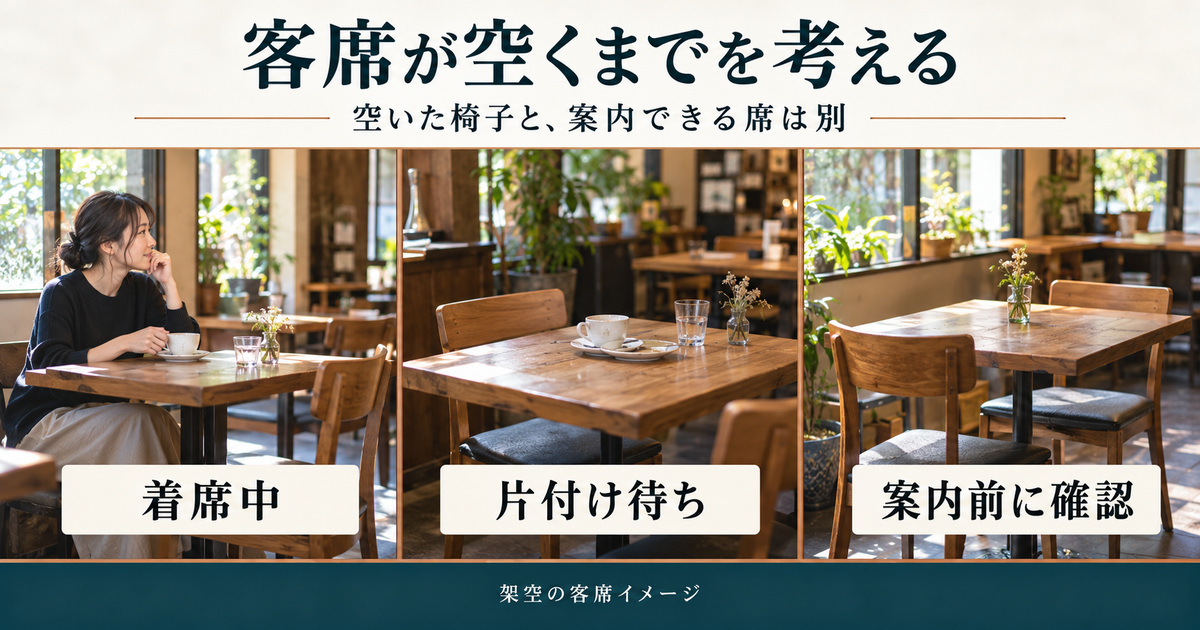 着席中・片付け待ち・案内前の確認を分け、空いた椅子と案内できる席の違いを考える架空の写真調イメージ