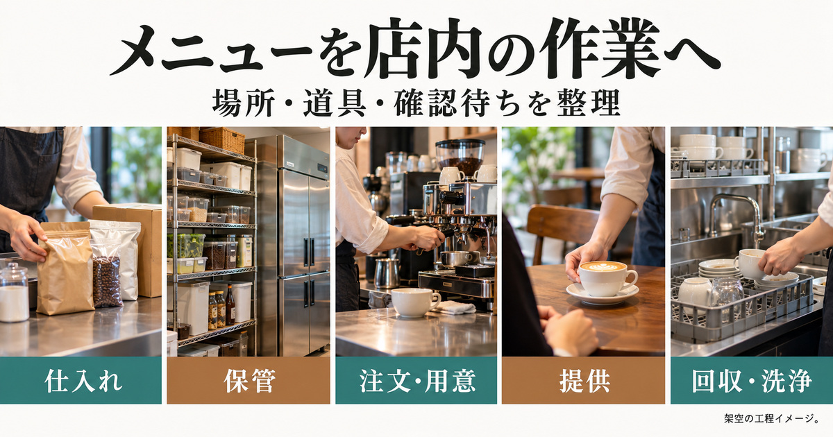 仕入れ・保管・注文と用意・提供・回収と洗浄の作業を整理する架空のカフェ工程イメージ