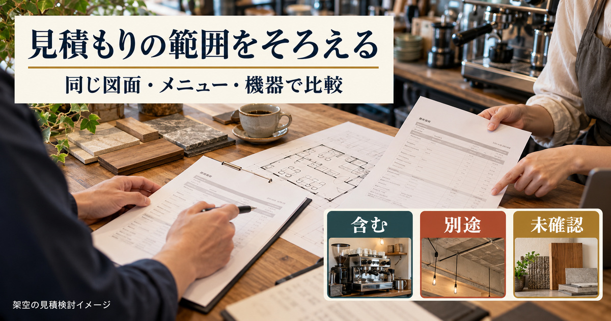 同じ図面・メニュー・機器を前提に、見積もりの含む・別途・未確認を比較する架空の写真調イメージ