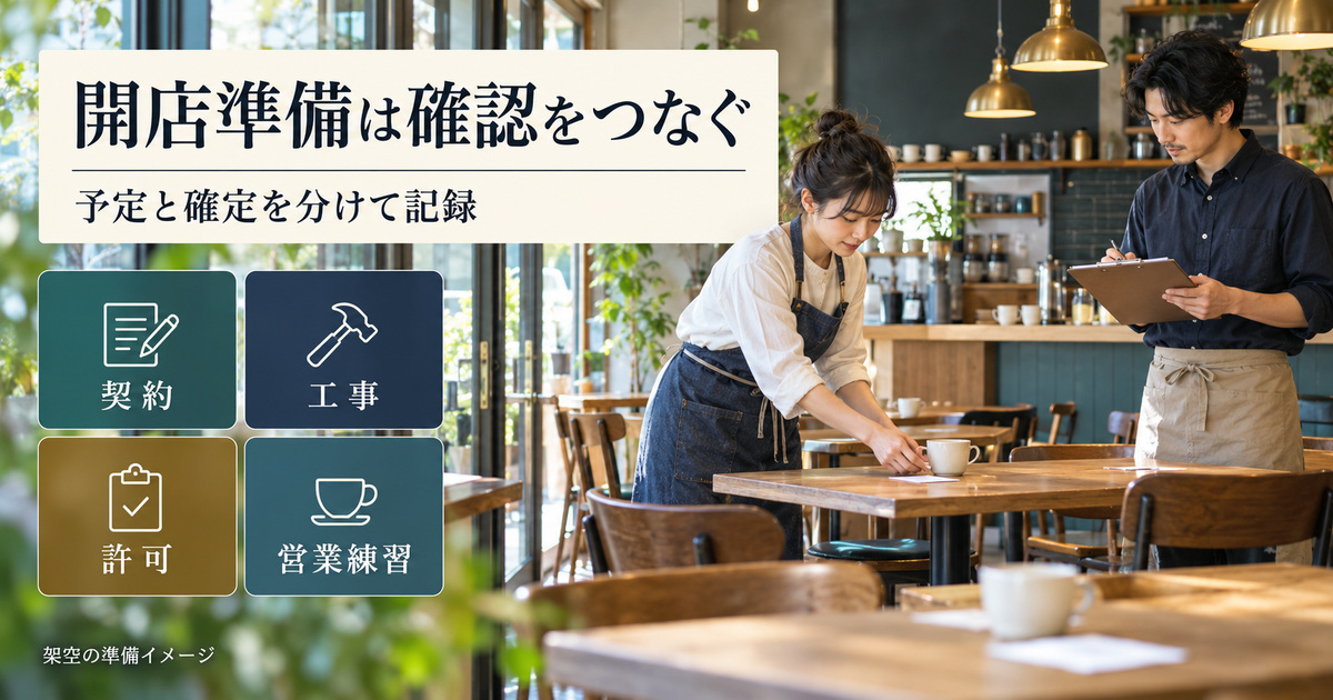 契約・工事・許可・営業練習の確認と予定・確定の区別を考える架空の準備イメージ