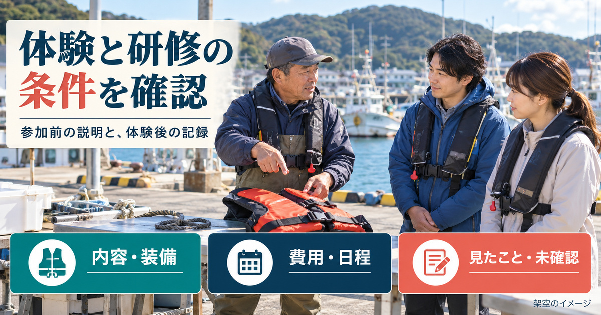 港の陸上で体験と研修の内容・装備・費用・日程について説明を受ける架空の写真調イメージ