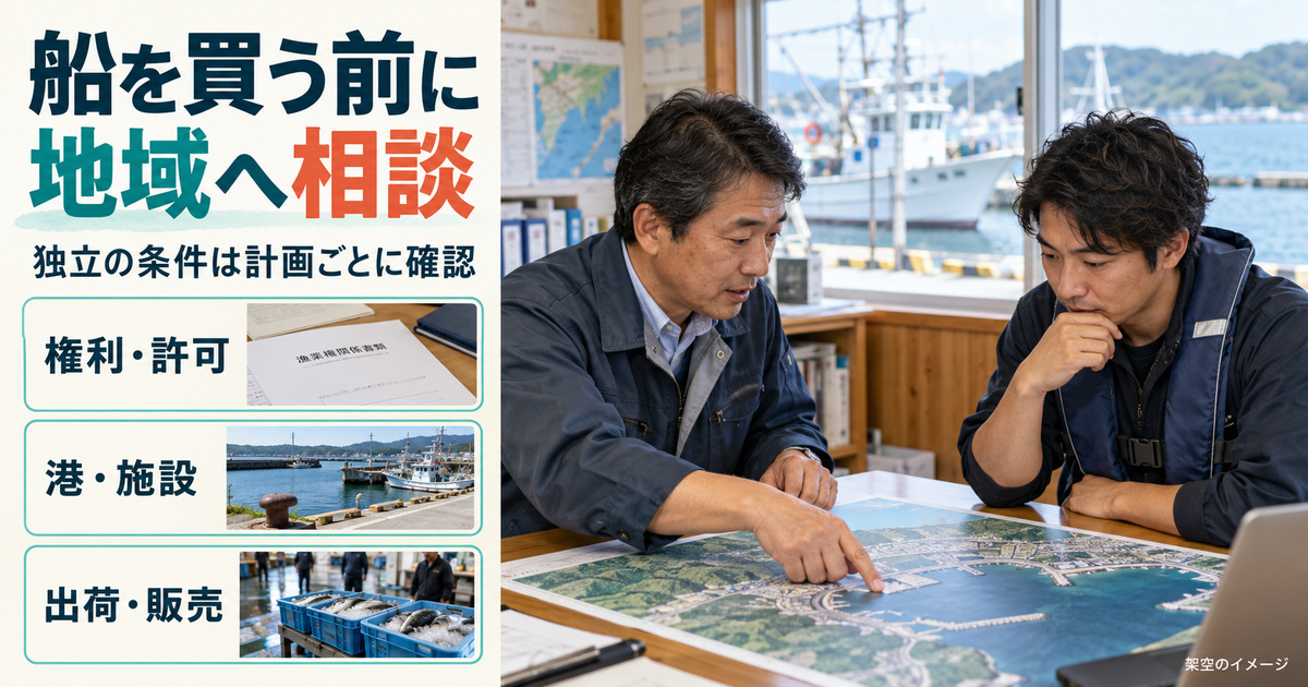 船を買う前に地域の権利・許可、港・施設、出荷・販売を相談する架空の写真調イメージ