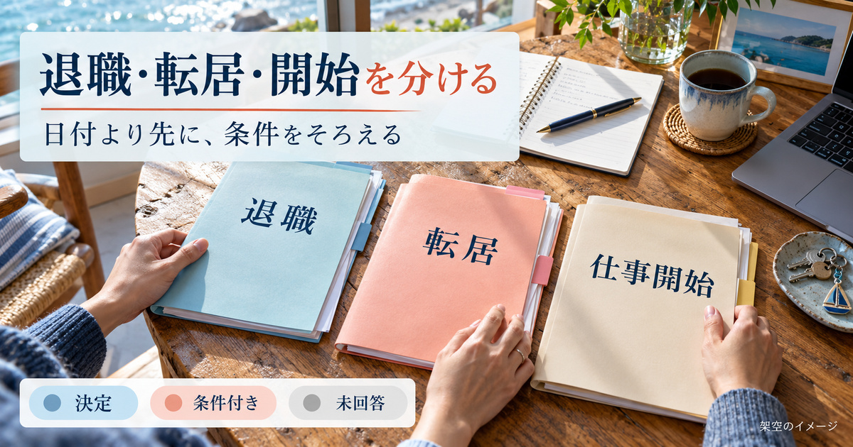 退職・転居・仕事開始の資料を分け、確認状態を整理する架空の写真調イメージ