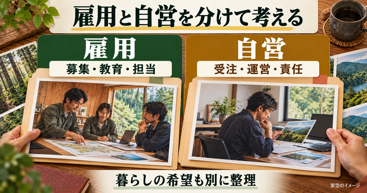 雇用の募集・教育・担当と、自営の受注・運営・責任を比較する架空の写真調イメージ
