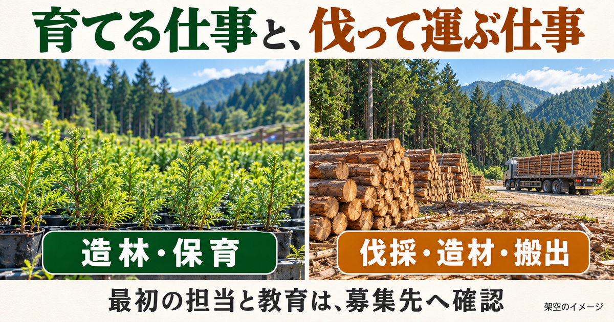 苗木と木材・停車中の運搬車を対比し、造林・保育と伐採・造材・搬出を分けた架空の写真調イメージ