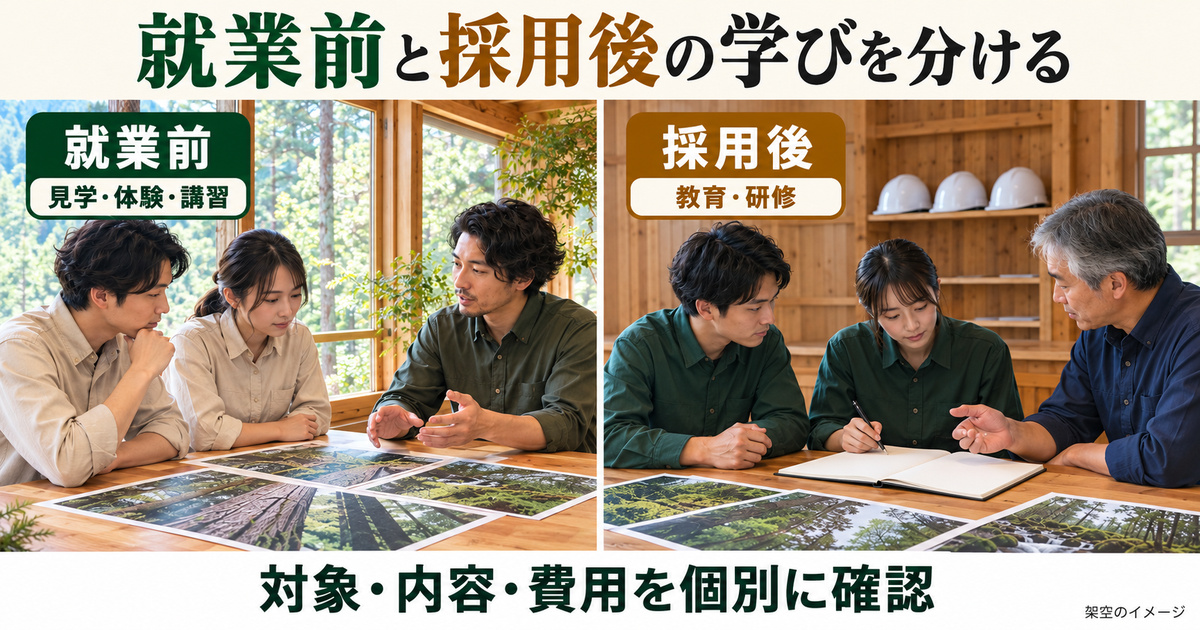 就業前の相談と採用後の教育を分けて示す架空の写真調イメージ