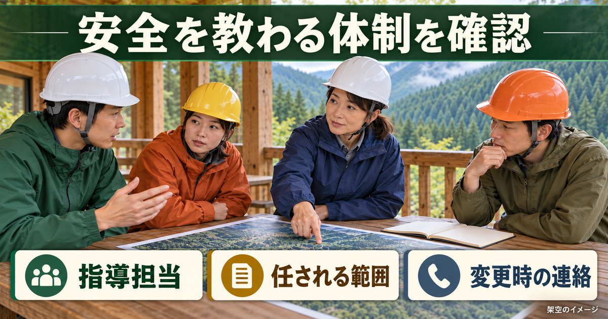 指導担当・任される範囲・変更時の連絡を話し合う架空の林業チームの写真調イメージ