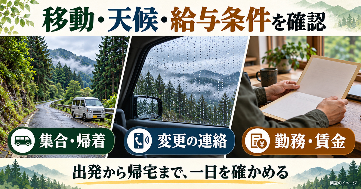 集合と帰着、天候変更の連絡、勤務・賃金の条件を整理する架空の写真調イメージ