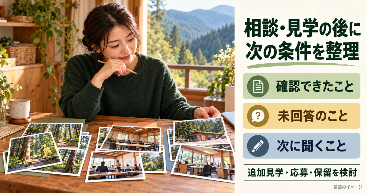見学写真を振り返り、確認済み・未回答・次の質問を整理する架空人物の写真調イメージ