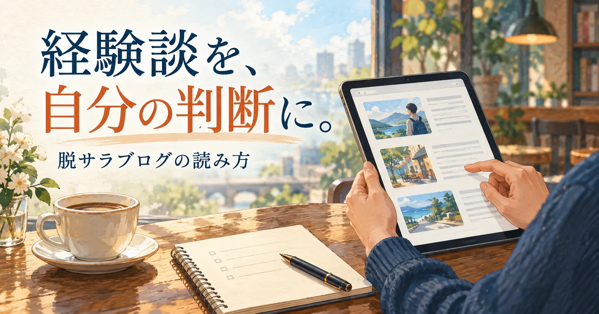 脱サラブログの経験談を読み、自分の条件をノートに整理するイメージ