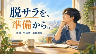 脱サラの仕事・生活費・退職準備を考える人とノートを描いた解説用アイキャッチ
