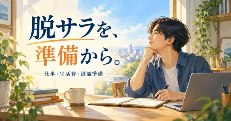 脱サラの仕事・生活費・退職準備を考える人とノートを描いた解説用アイキャッチ