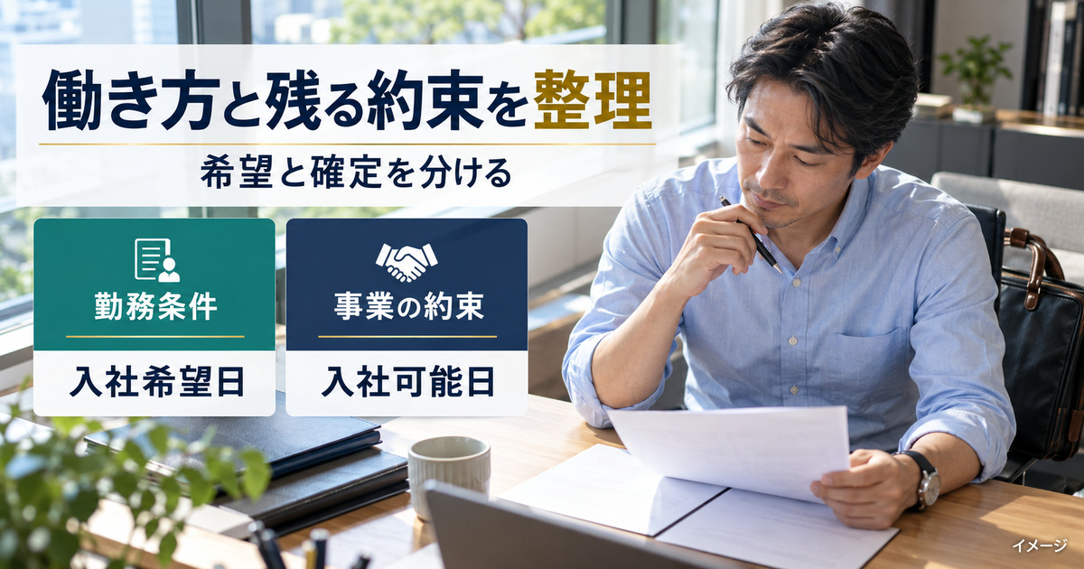 予定表を点検する架空の人物と、勤務条件・事業の約束、入社希望日・入社可能日を分けて示す写真調イメージ