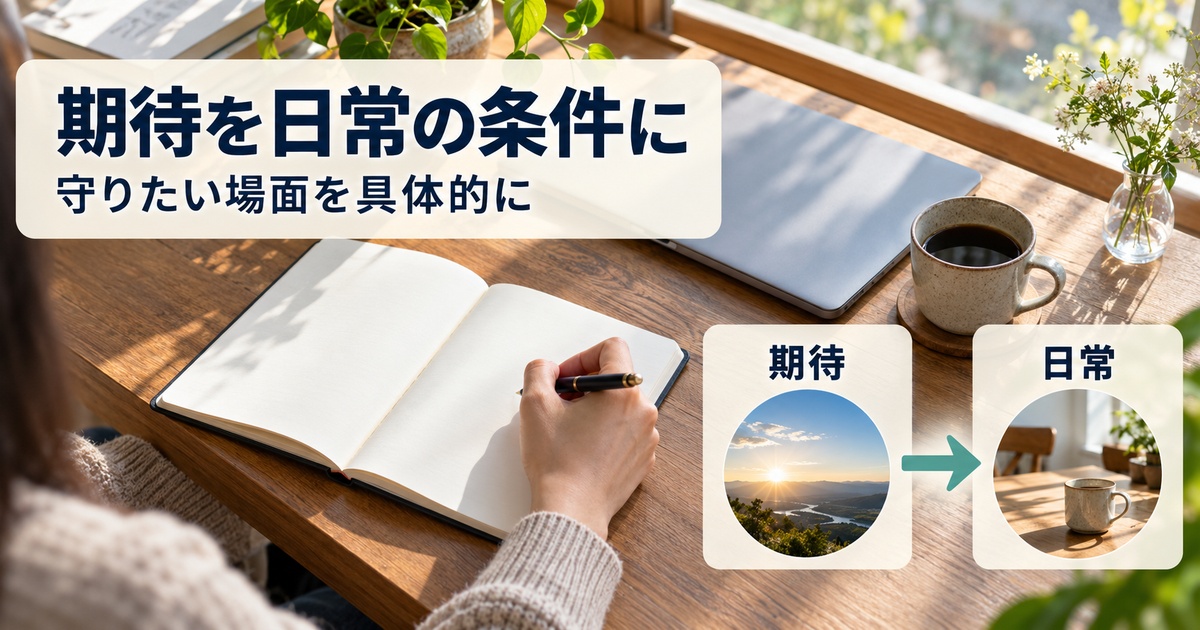 期待を日常の条件へ具体化する図と、手帳に向かう写真調イメージ