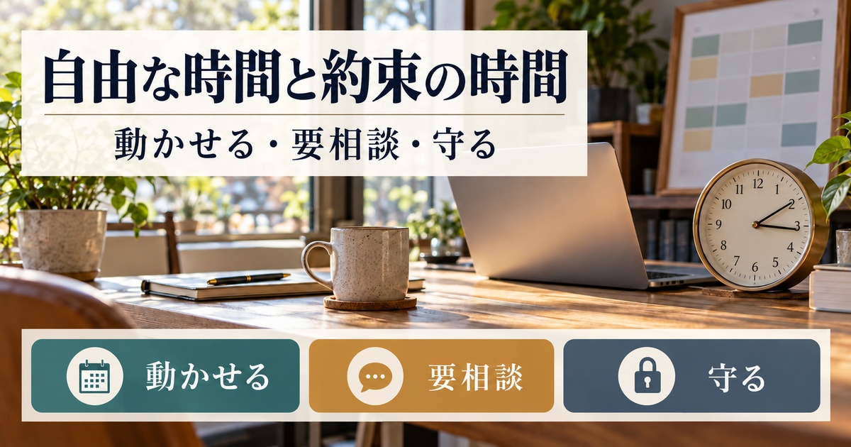 動かせる予定、要相談の予定、守る時間を分けた写真調の仕事机