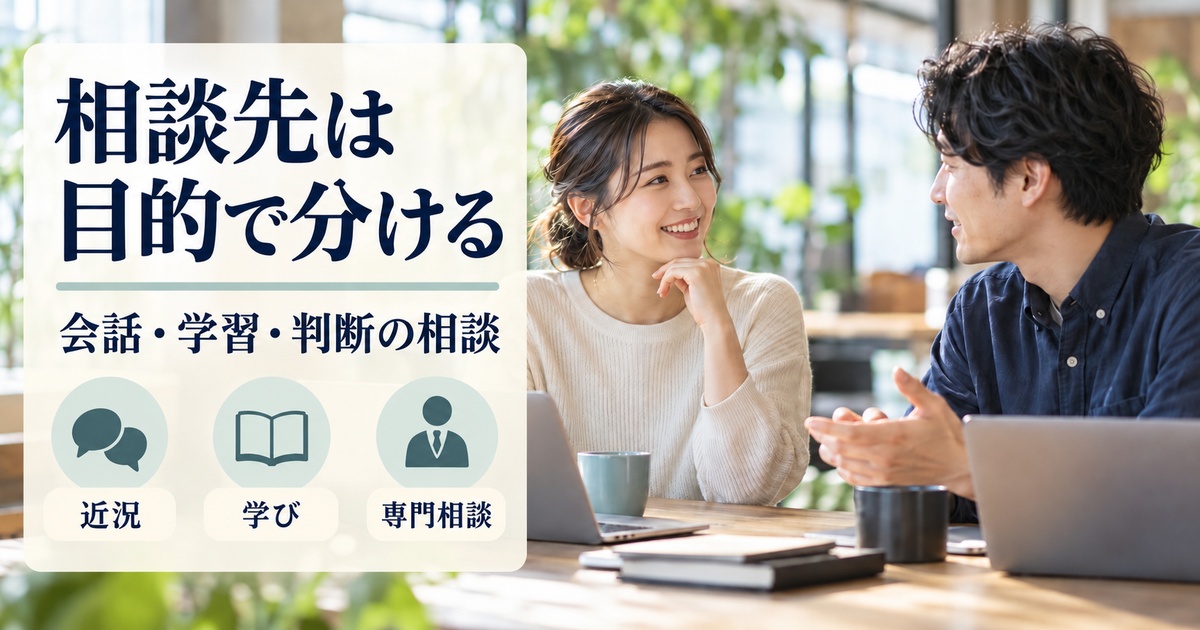 近況、学び、専門相談の目的別区分と、会話する架空人物の写真調イメージ