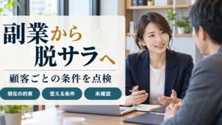 顧客ごとの取引条件を話し合う架空人物の写真調イメージ