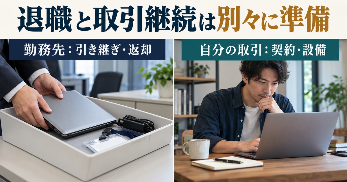 勤務先の引き継ぎと機材返却、自分の取引の契約と設備を別々に準備する写真調イメージ