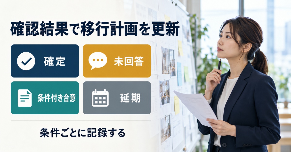 確定・未回答・条件付き合意・延期を条件ごとに記録する写真調イメージ