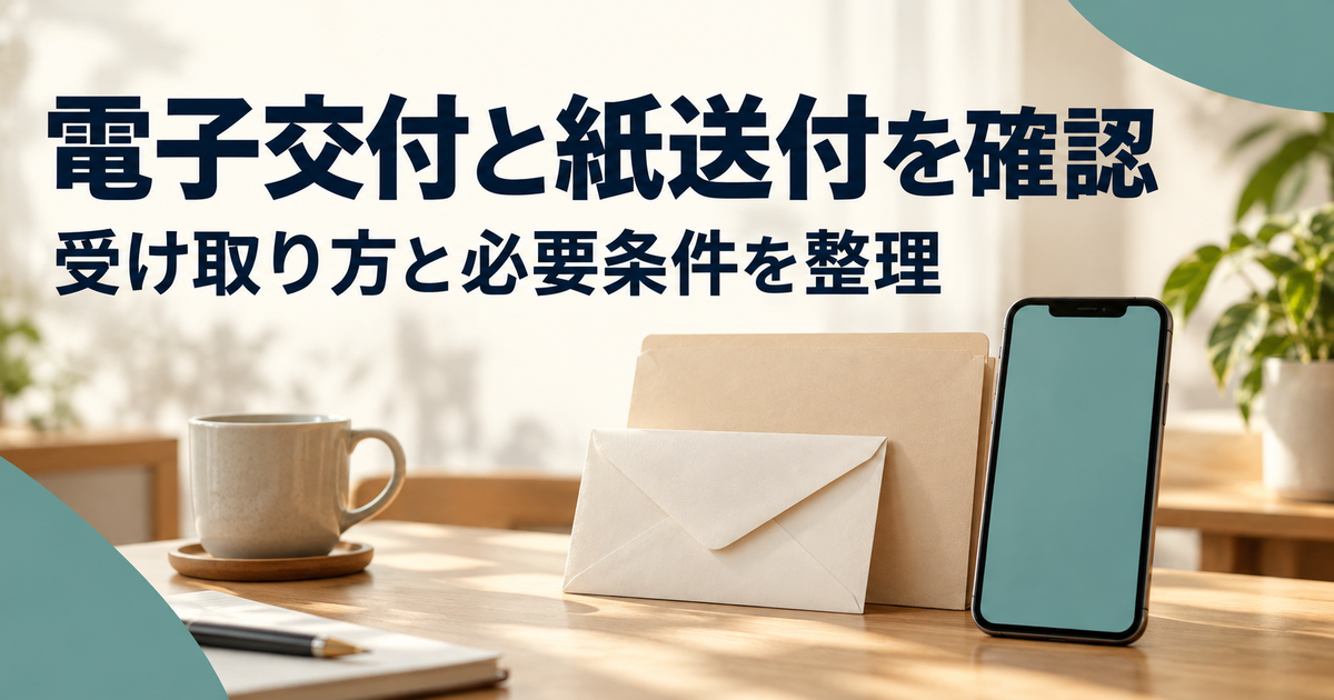 電子交付と紙送付の受取方法を表すスマートフォンと封筒