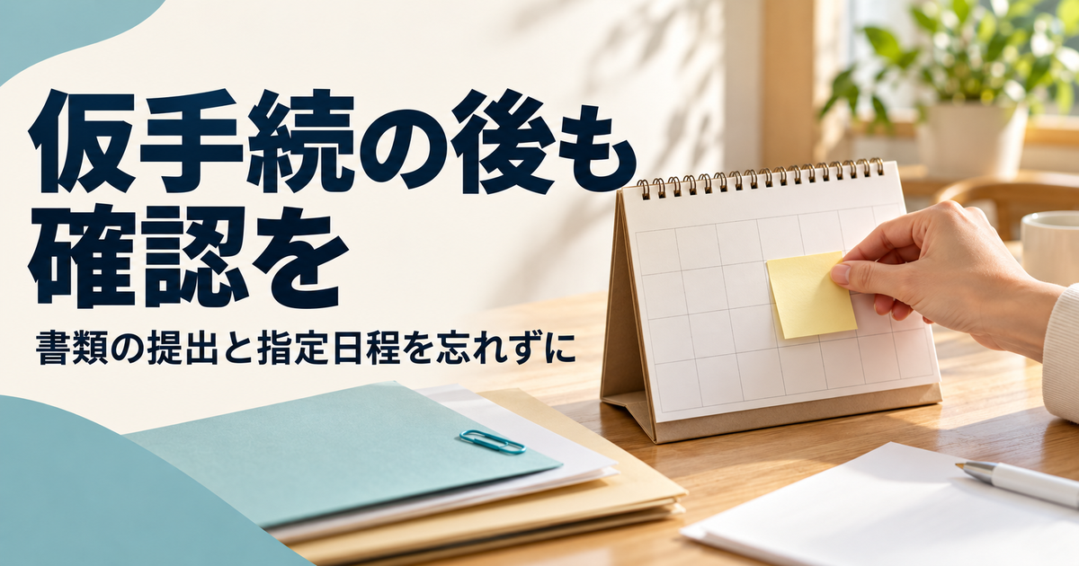 仮手続後の提出書類と指定日程を整理するカレンダー