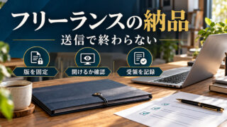 フリーランスの納品。送信で終わらない。版を固定、開けるか確認、受領を記録を整理した写真風の解説画像。