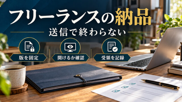 フリーランスの納品。送信で終わらない。版を固定、開けるか確認、受領を記録を整理した写真風の解説画像。