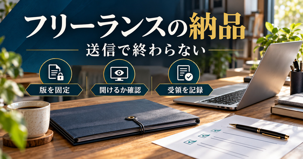 フリーランスの納品。送信で終わらない。版を固定、開けるか確認、受領を記録を整理した写真風の解説画像。