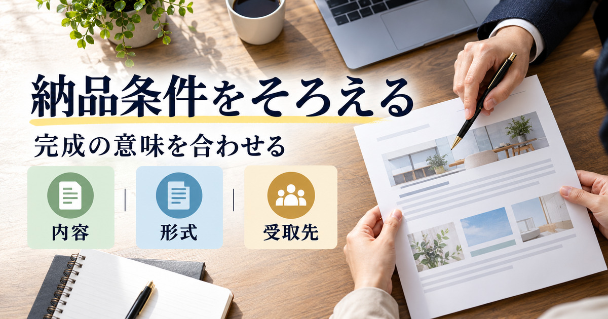 納品条件をそろえる。完成の意味を合わせる。内容、形式、受取先を整理した写真風の解説画像。